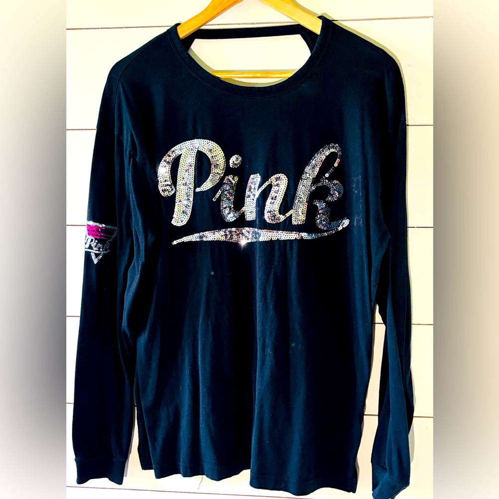Victoria's Secret PINK Black open back sequined long sleeve sexy shirt, cotton